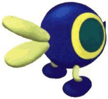 a blue and yellow cartoon character with a yellow circle in the middle of it 's head .