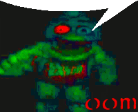 a green monster with red eyes and a speech bubble that says ' oom ' on it