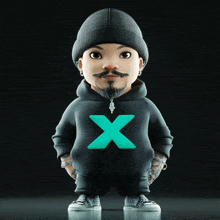 a cartoon character is wearing a black hoodie with a green x on it