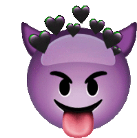 a purple devil emoji with hearts on it 's ears