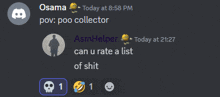 a screenshot of a discord conversation between osama and a poo collector