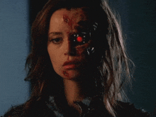 a woman with a robotic face and red eyes