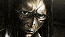 a drawing of a woman wearing glasses with a serious look on her face