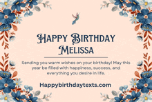 a happy birthday melissa card with flowers and leaves