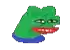 a pixel art drawing of a green frog with red lips and a crying face .