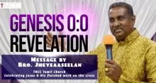 a man holding a microphone in front of a sign that says genesis 0 0 revelation