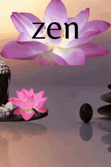 a picture of a buddha a lotus flower and a zen sign