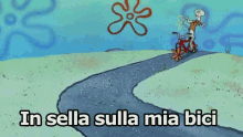 a cartoon of spongebob riding a bike with the words in sella sulla mia bici above him