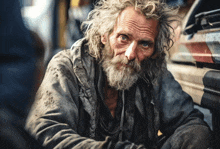 a man with gray hair and a beard is sitting in front of a car