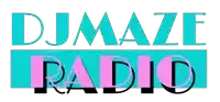 a blue and pink logo for djmaze radio on a white background