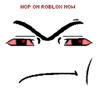 a pixel art of an angry face with the words hop on roblox now