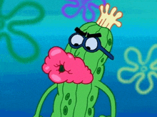 a cartoon of a pickle wearing glasses and a pink flower in his mouth .