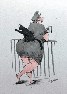 a cartoon drawing of a woman with a cat on her back and a cup of coffee written in a foreign language