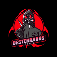 a logo for desterrados zombies shows a person in a gas mask holding a syringe