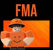 a roblox character wearing an orange hat and an orange shirt with a smiley face is standing in front of a sign that says fma