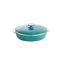 a turquoise pot with a silver handle and lid on a white background