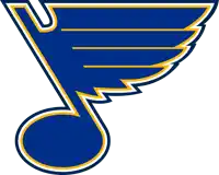 a blue and yellow logo with wings and a note