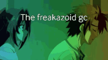 a man and a woman are standing next to each other with the words `` the freakazoid gc '' written above them .