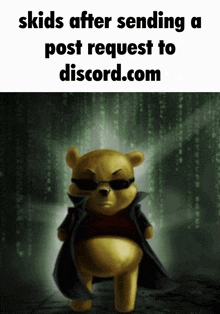 a winnie the pooh bear wearing sunglasses and a trench coat stands in front of the matrix