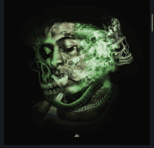 a man with a snake around his neck smoking a cigarette with green smoke coming out of his mouth