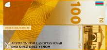 a 100 dollar bill is displayed with a yellow and silver background