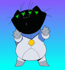 a cartoon cat with green eyes is wearing a blue and white outfit