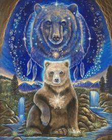 a painting of a bear with a dream catcher and a waterfall in the background