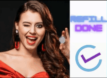 a woman in a red dress is smiling and holding a coin next to a check mark that says refill done