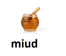 a jar of honey with a wooden dipper and the word mild written below it