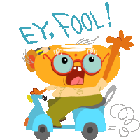 a cartoon character is riding a scooter with the words ey fool written above him