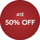 a red circle with the words até 50 % off in white letters