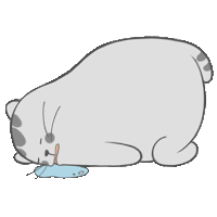 a cartoon drawing of a cat laying down with a bottle of water in its mouth