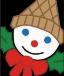 a cartoon drawing of a snowman wearing a waffle cone hat and a red bow