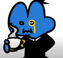 a blue cartoon character is drinking from a cup