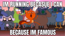 a group of cartoon characters with cameras on their heads saying im running because i can