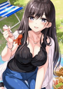 a very pretty anime girl is sitting on a blanket holding a skewer of food .