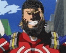 a man with a beard is wearing a red and black superhero suit and smiling .