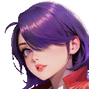 a close up of a girl with purple hair wearing a red jacket .