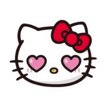 hello kitty with hearts in her eyes and a red bow on her head .