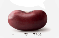 a red bean with a speech bubble that says " i love tacos "