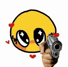 a hand is holding a gun in front of a smiley face with hearts on it .