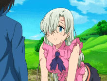 a girl with white hair and a pink top stands next to a man