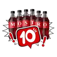 six bottles of mostro coca cola are lined up next to a speech bubble that says 10