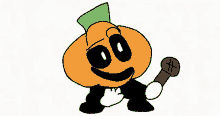 a cartoon drawing of a pumpkin holding a microphone .