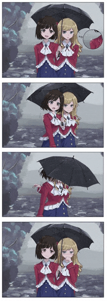 two girls are holding umbrellas in the rain and one has a red glove on