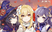 three anime girls are standing next to each other with a camera taking a picture