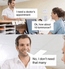 a man in a white shirt is talking to a woman in a hospital