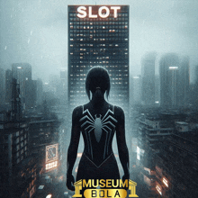 a woman in a spider-man suit stands in front of a building that says slot