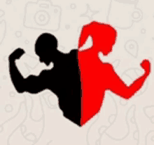 a black and red silhouette of a man flexing his muscles and a woman flexing her muscles .