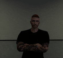 a man with a tattoo on his arm and a mohawk stands with his arms crossed